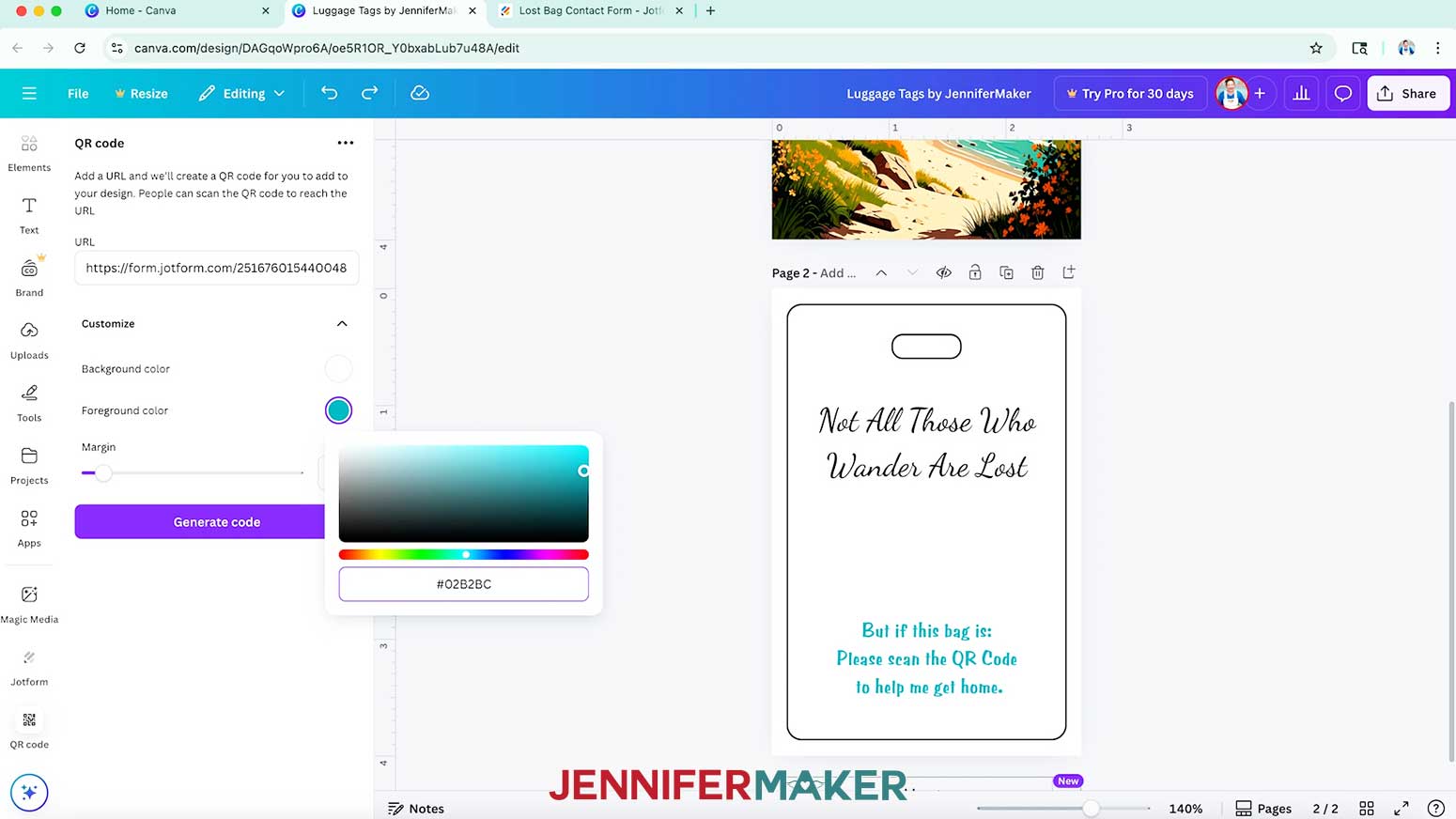 The QR Code menu is open and the color picker is on a teal color in the foreground color option.
