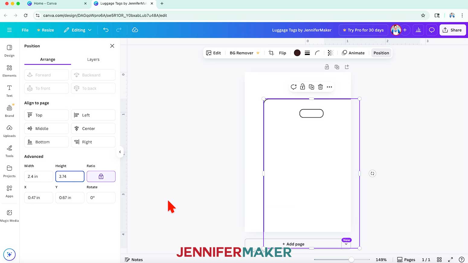 The template is selected and the position menu is open with the dimensions typed in.