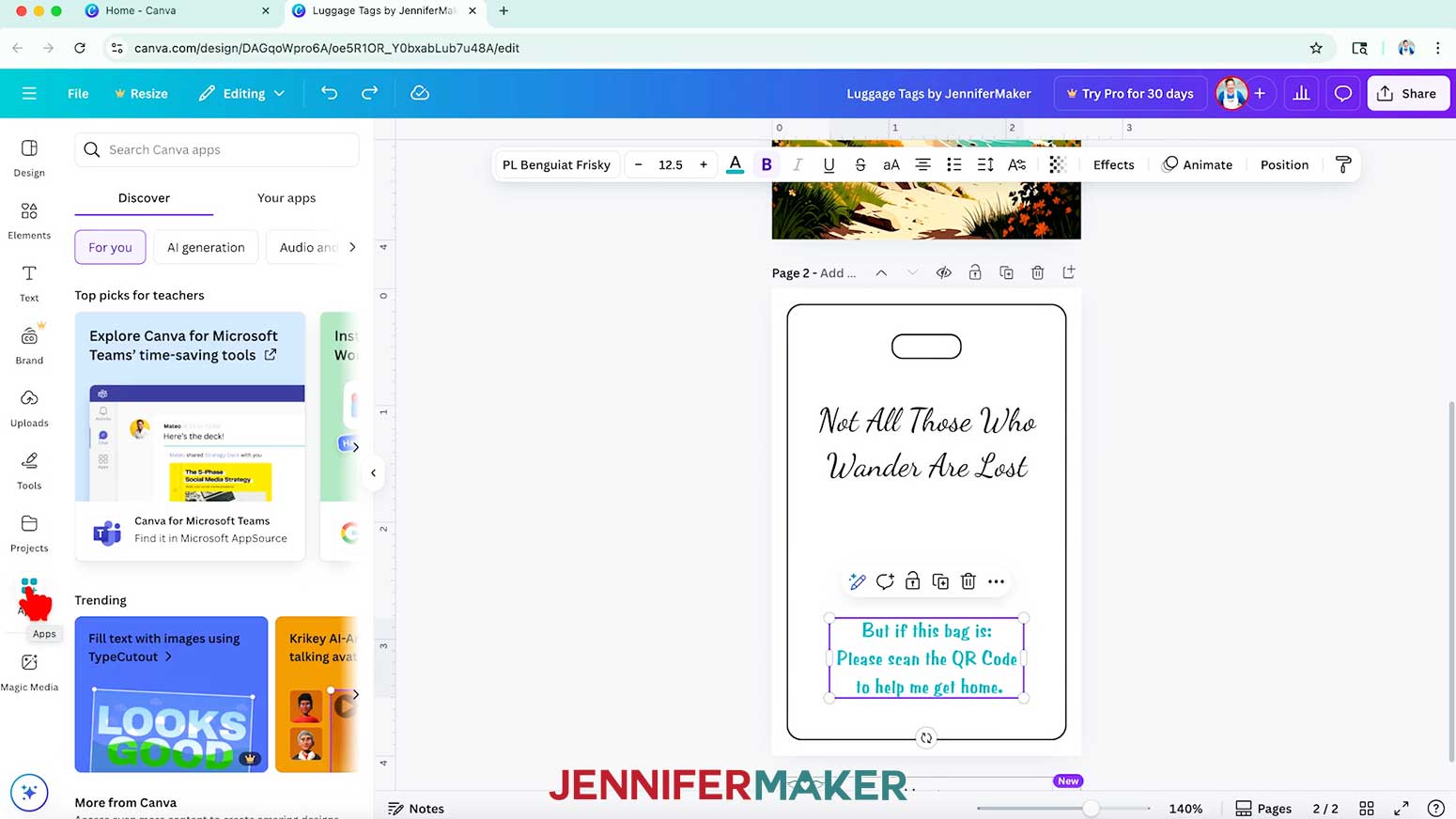 The hand cursor hovers over the apps button in the left side menu in Canva.