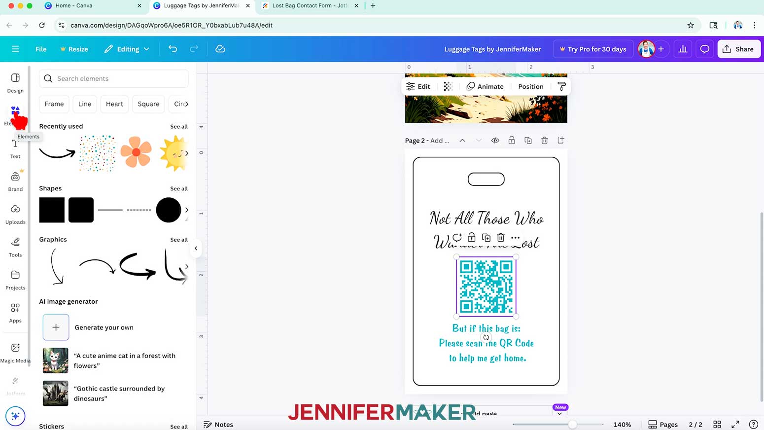 The hand cursor hovers over the elements option on the left side menu.