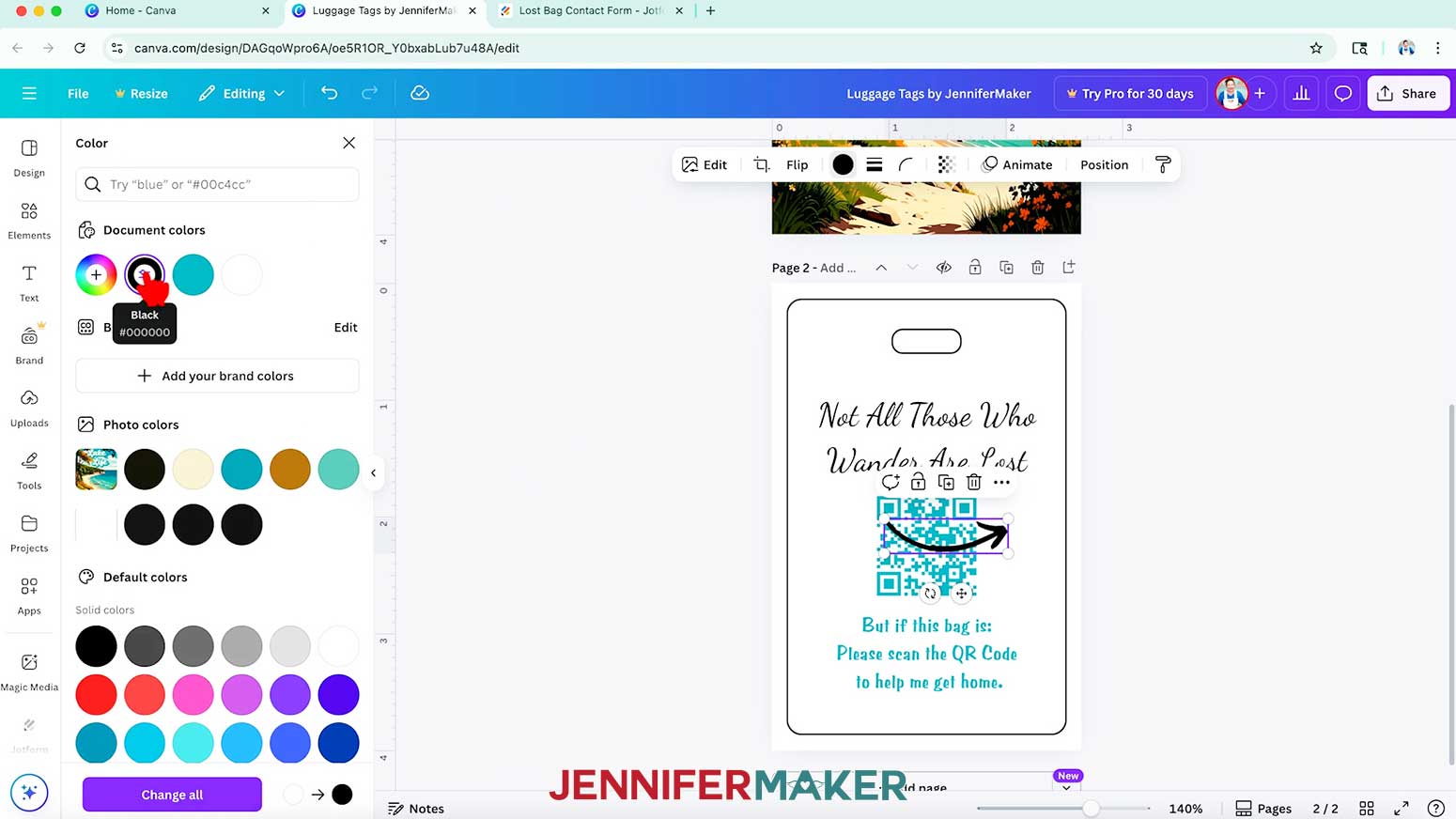 The arrow is selected and the cursor hovers over black in the document colors menu.