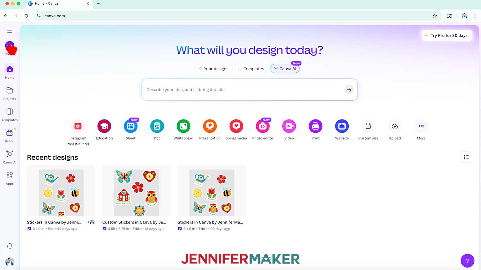 The red hand icon hovers over the purple create button in Canva.