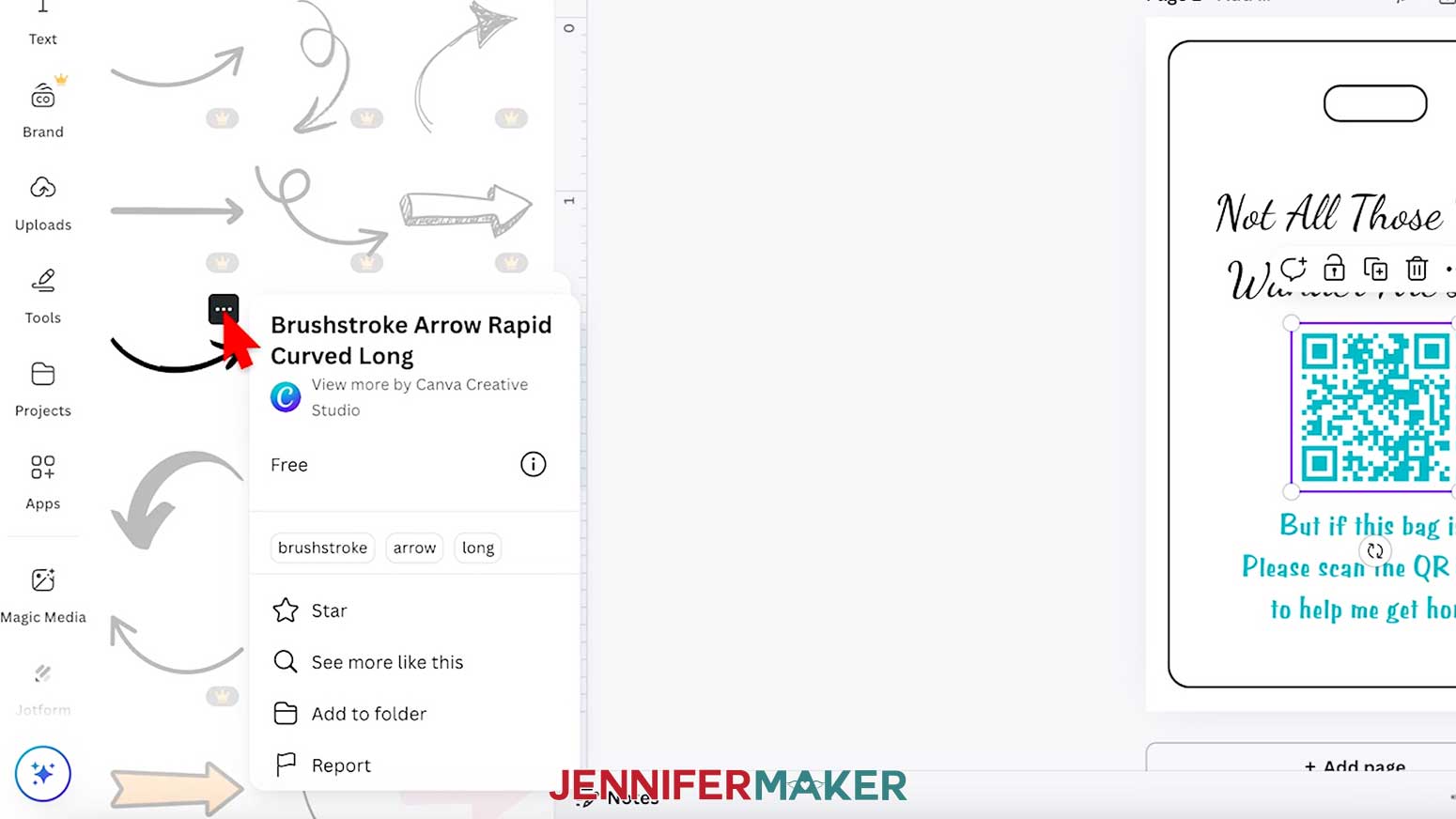 The elements menu is open and the cursor hovers over the Brushstroke Arrow Rapid Curved Long element.