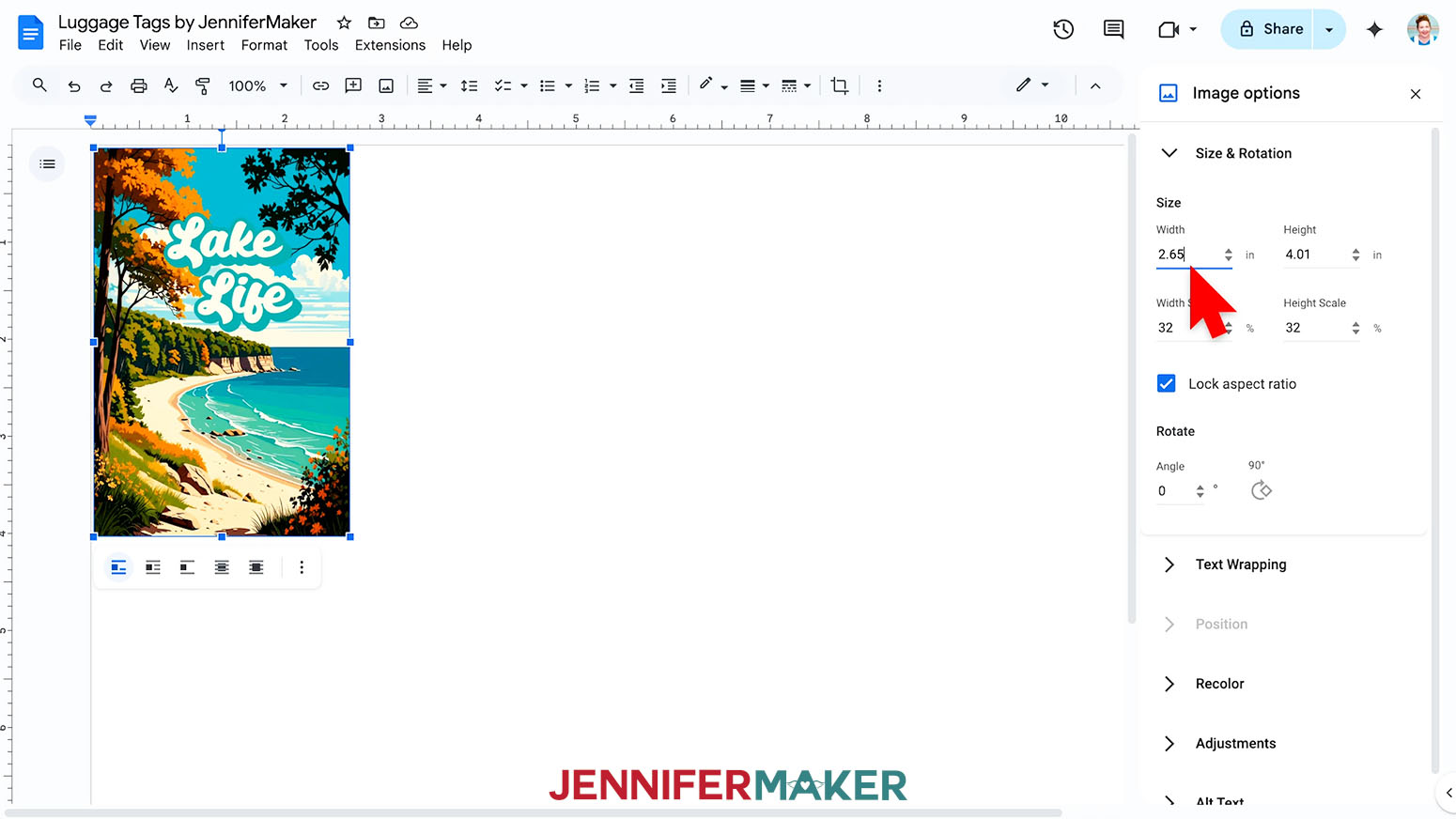 The Lake Life design is selected and the Image Options dropdown menu is open the cursor hovers of the size menu changing the width dimension.