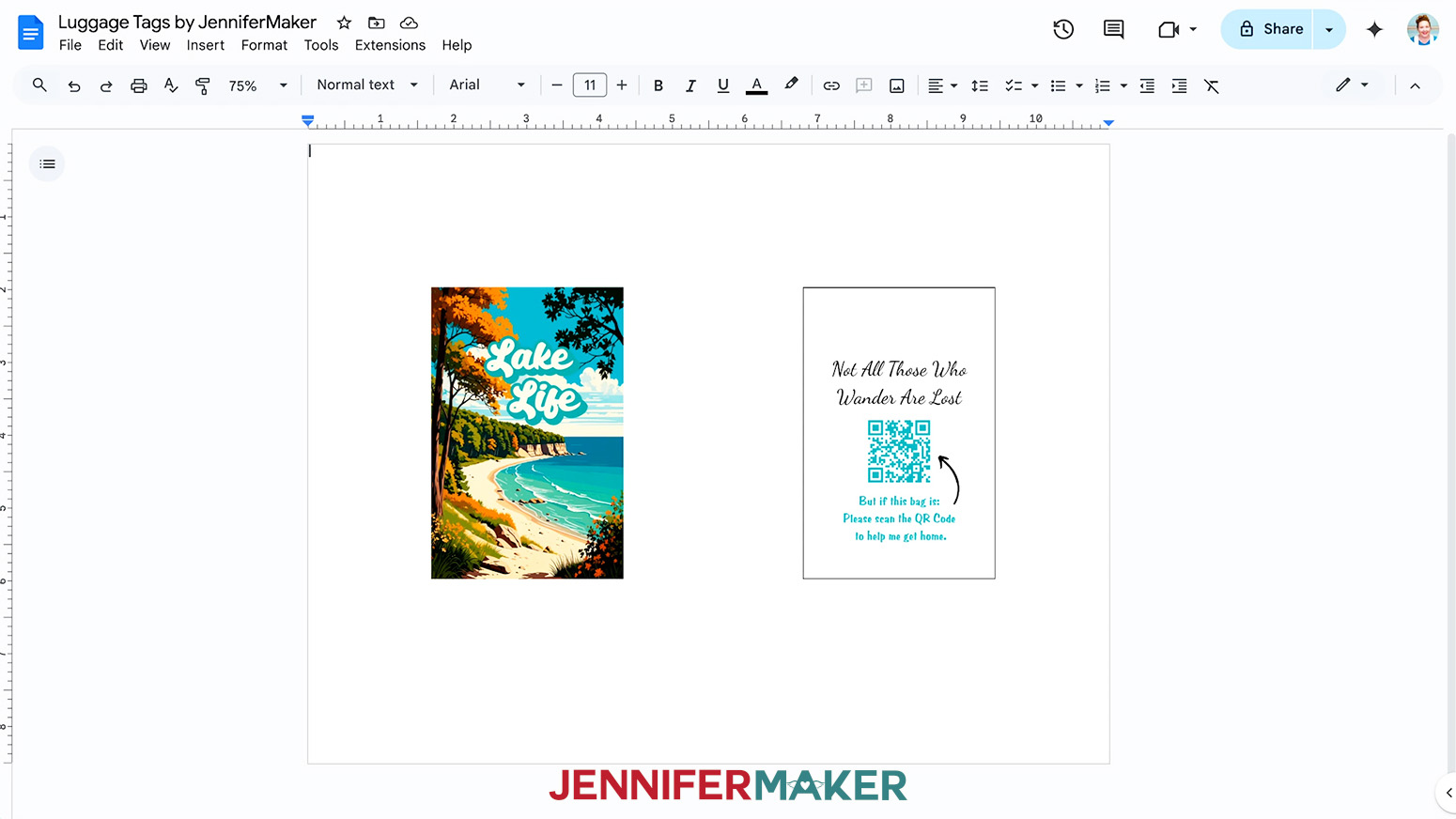 Both the front and back of the Lake Life luggage tag designs are shown in the center of the document.
