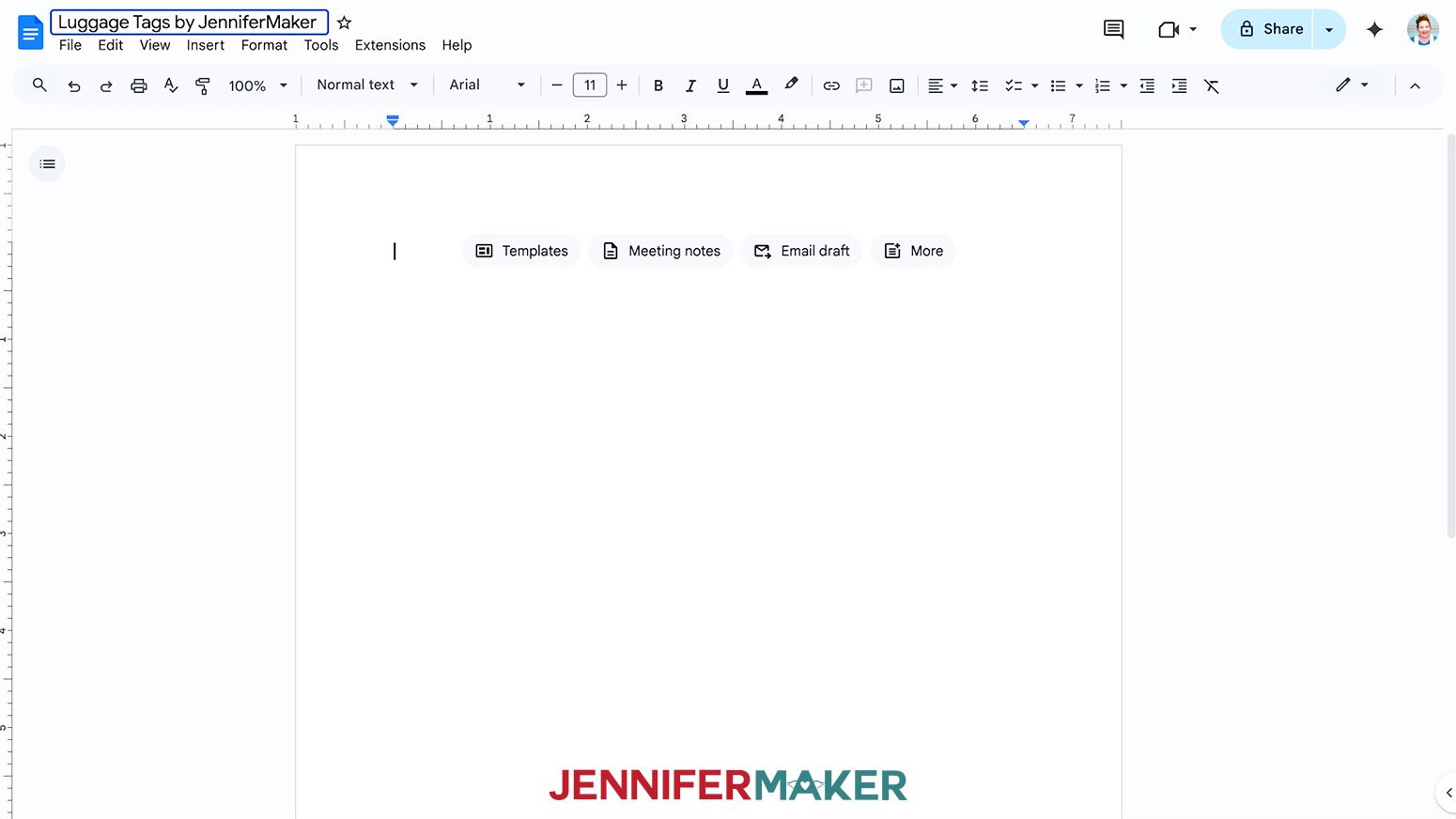 A new blank Google document is open and the title matches the project.