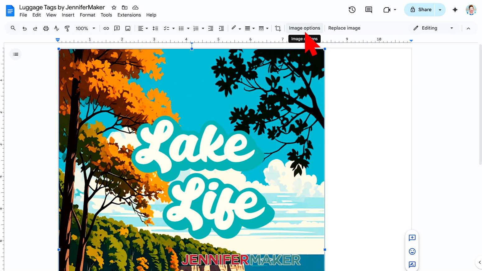The Lake Life design is on the page and the cursor hovers over the image options button.