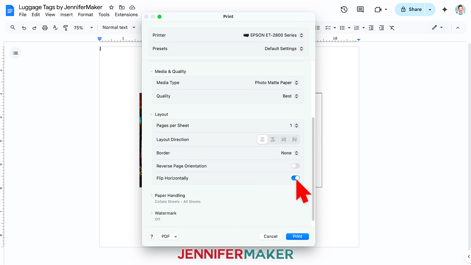 The system dialogue print menu is open and the desired setting has been chosen, the cursor overs over a slider for the Flip Horizontally option turning it on.