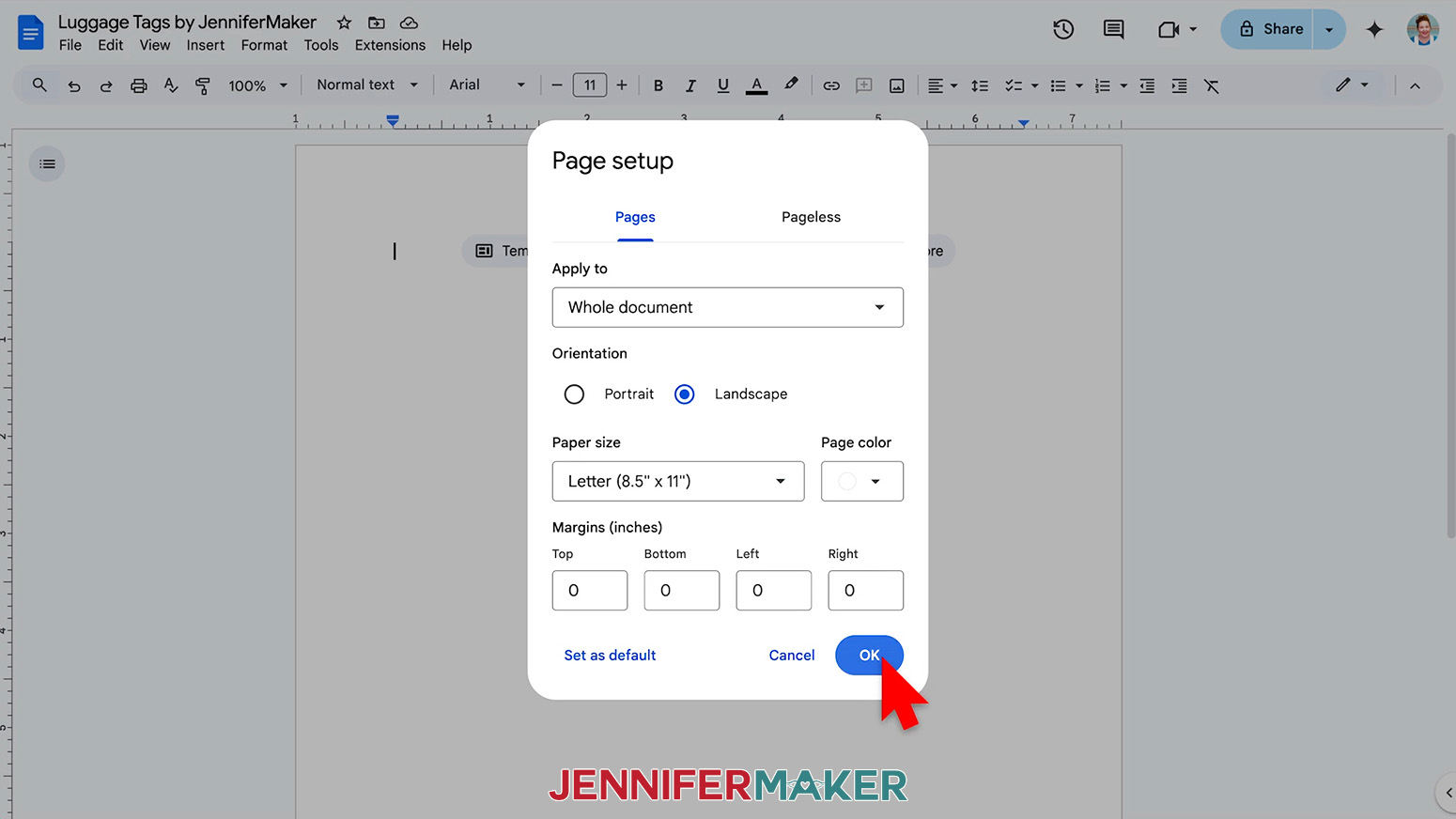 The Page Setup menu is open and the desired settings have been selected, the cursor hovers over the OK button.