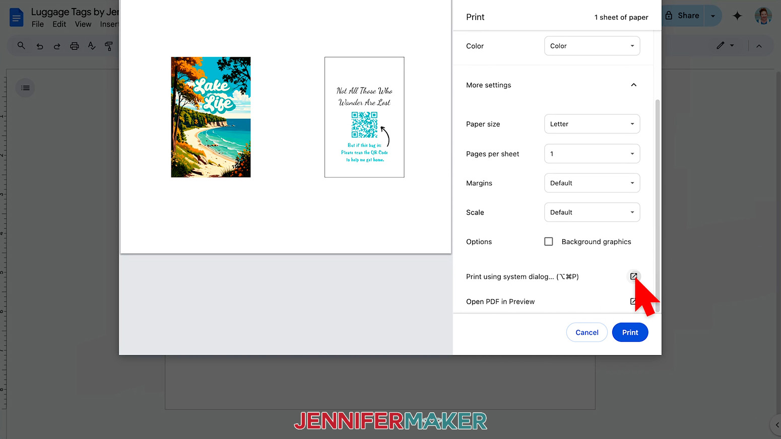 The print menu is open and the desired print setting have been selected the cursor hovers over the Print using system dialog option.
