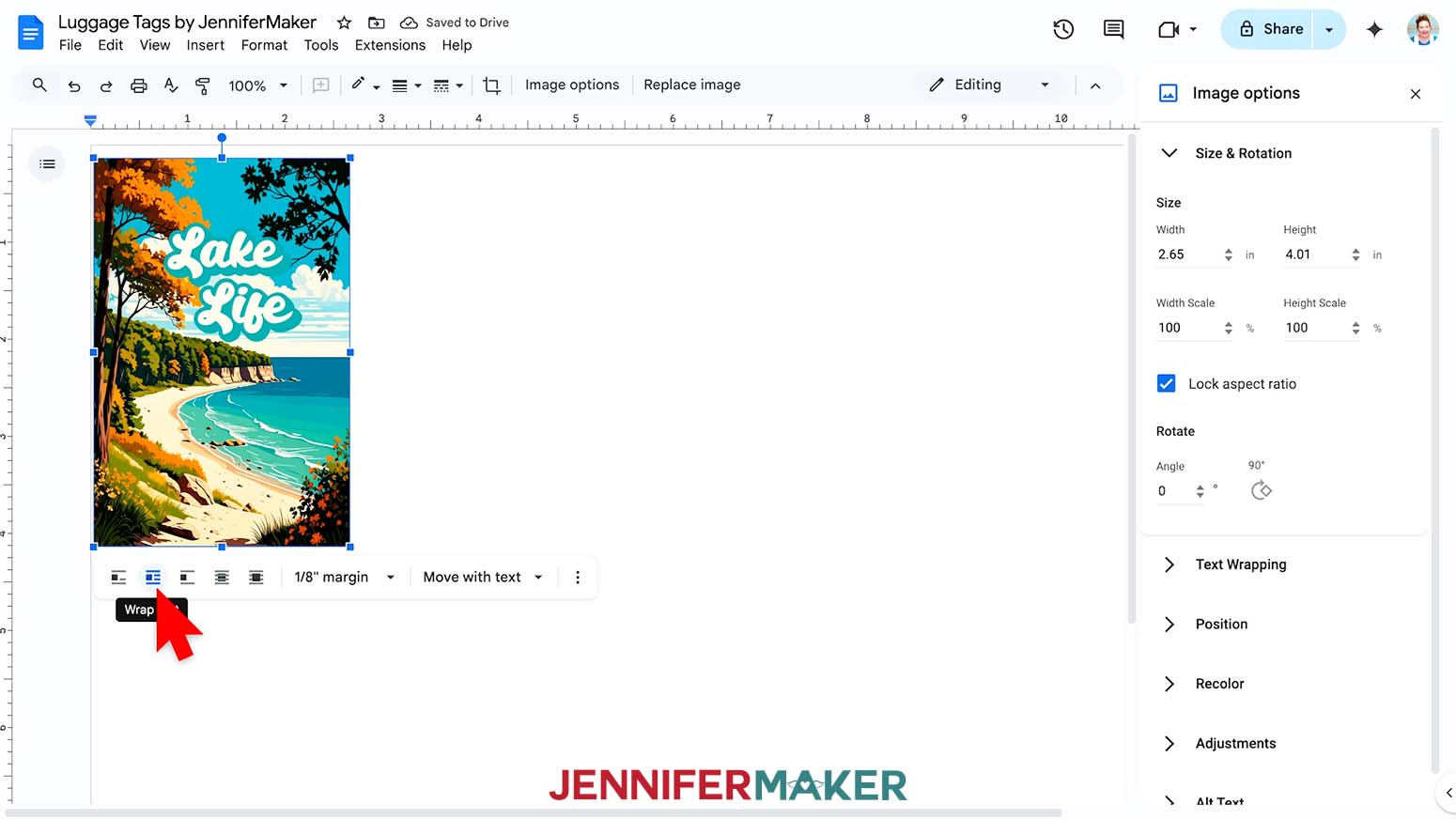 The Lake Life luggage tag design is selected and the cursor points at a wrap text icon.
