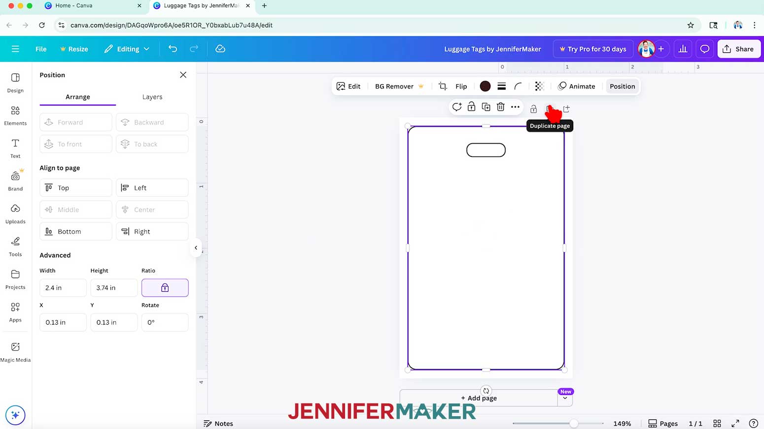 The template is centered on the page and the hand cursor is in the upper right corner hovering over the duplicate page button.