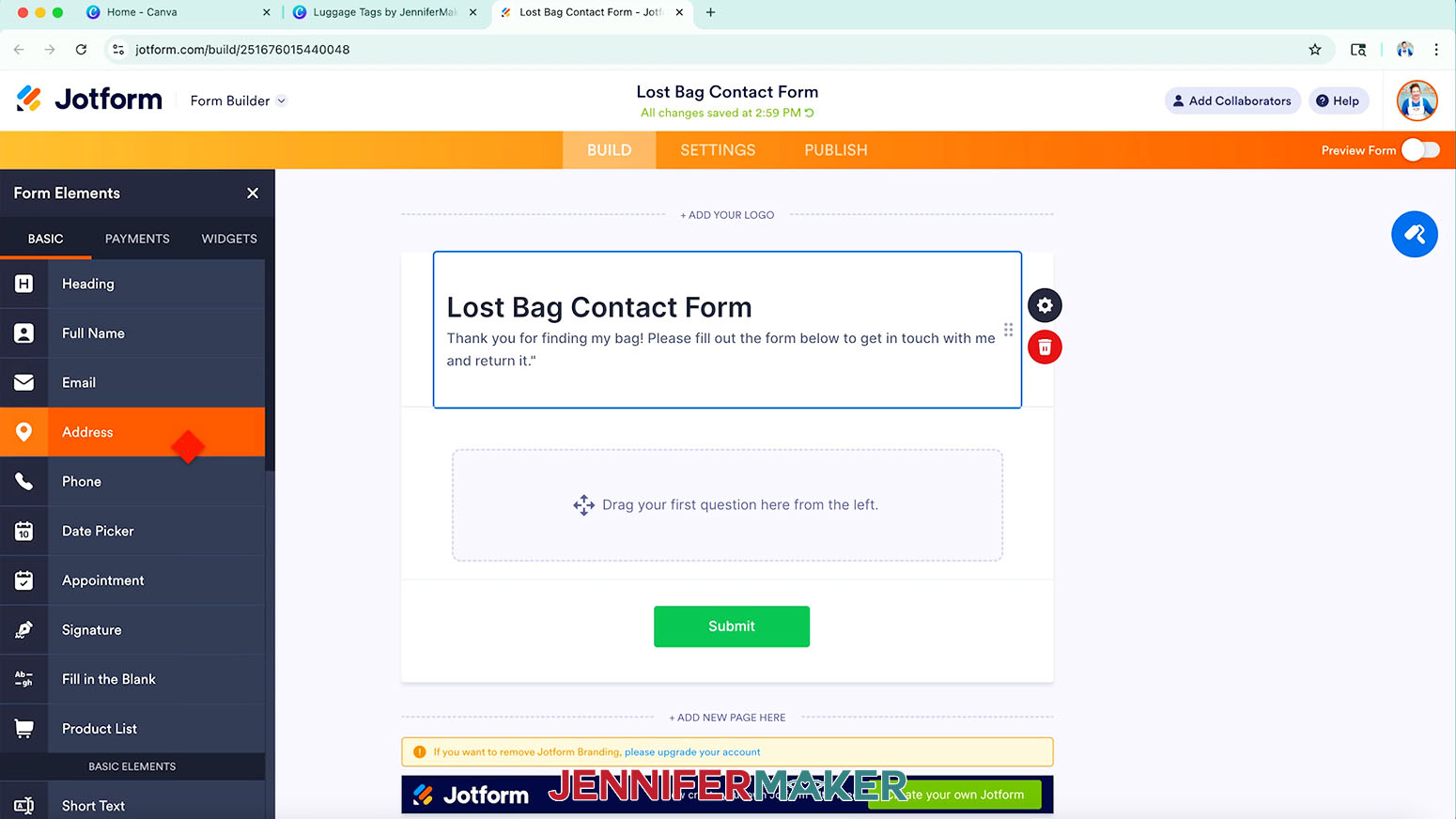 Jotform is open and the cursor hovers over the address element.