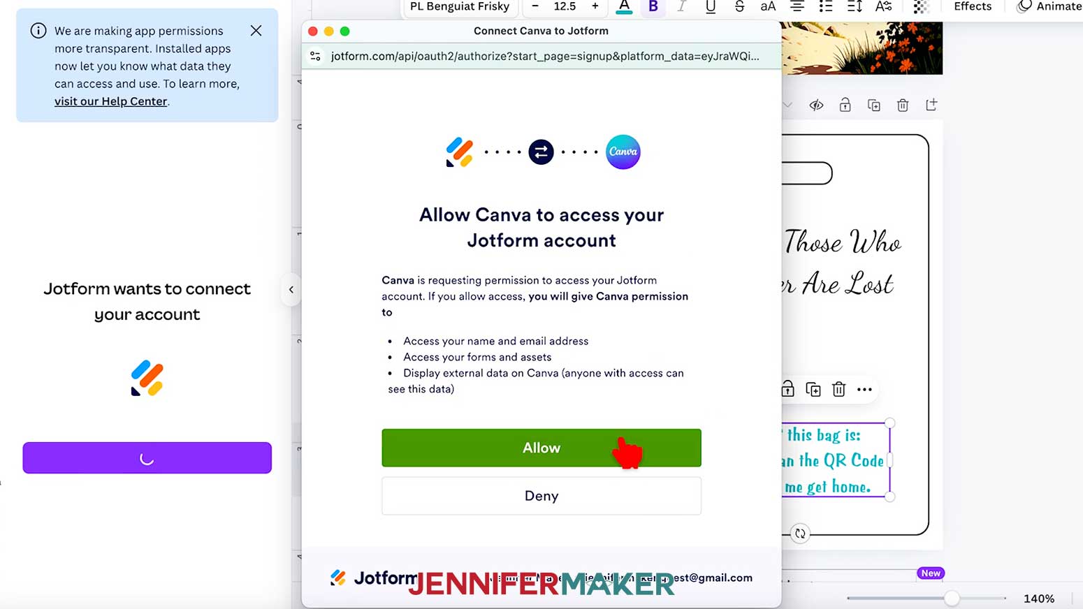 A new menu has opened labeled Connect Canva to Jotform and the cursor hovers over the Allow button.
