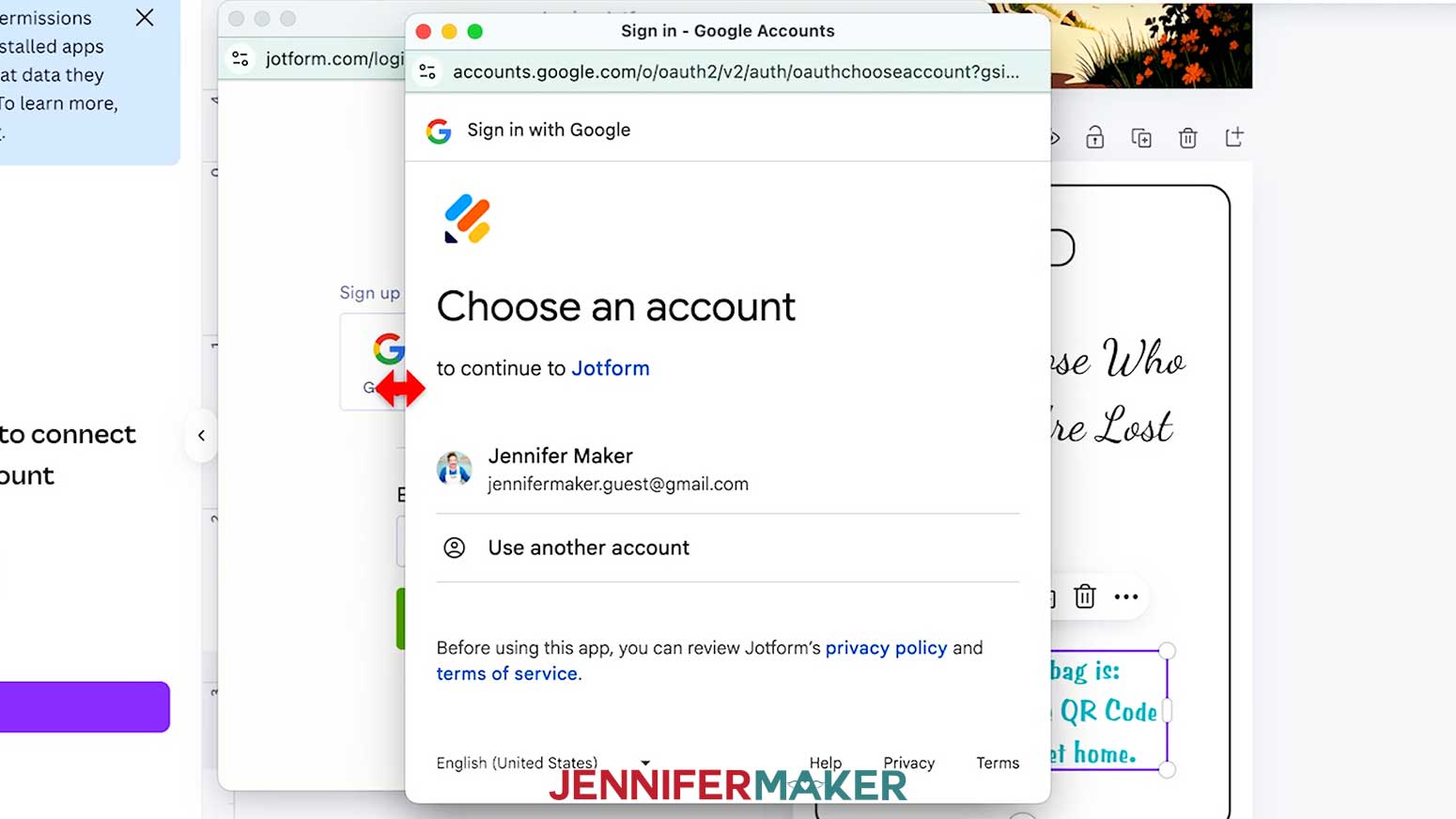 The Sign in - Google Accounts menu is open and Jotform is asking to choose an account.