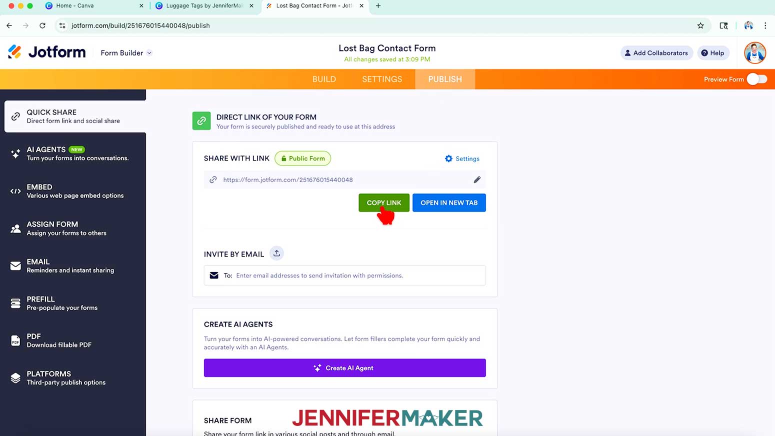 The publish side menu is open and the hand cursor is hovering over the green copy link button.