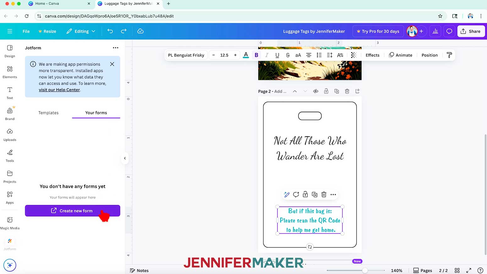 The Jotform menu is open and the hand cursor hovers over the purple create new form button.