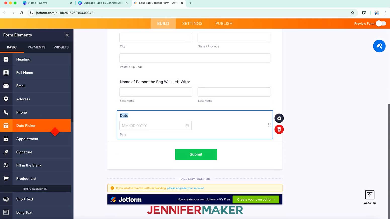 In the Jotform form elements menu under the basic tab the Date Picker element is highlighted.