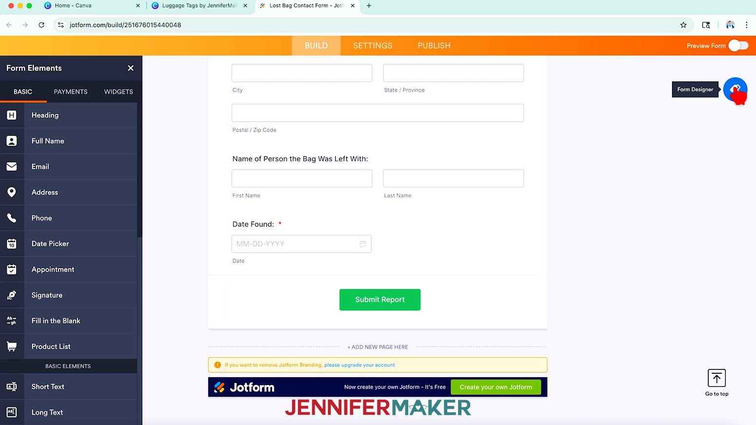 The hand cursor hovers over the form designer icon on right hand side of the page.