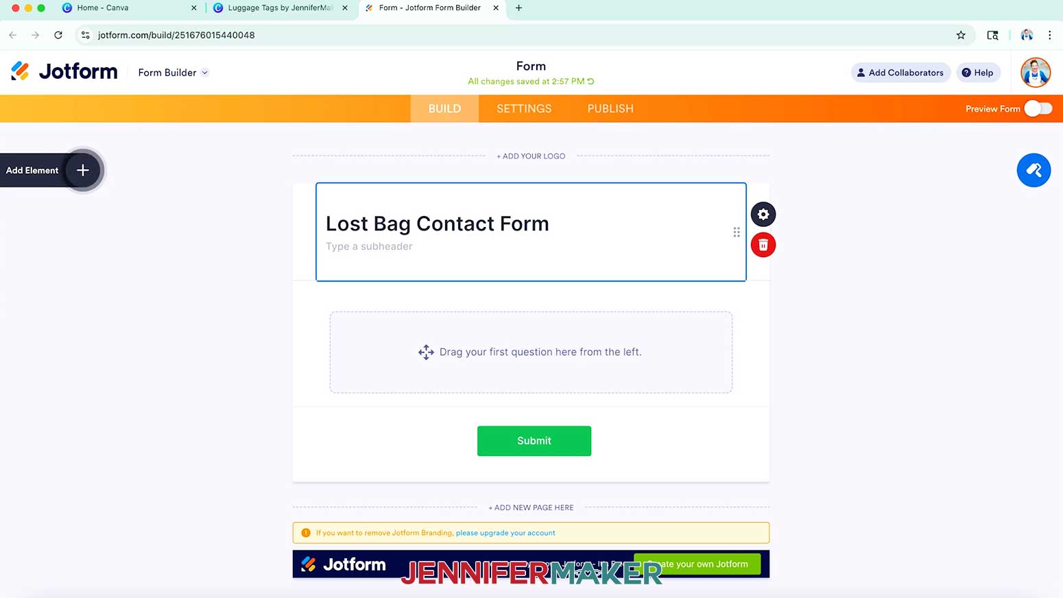 The Jotform Build section is open and the words Lost Bag Contact Form are written in the header area.