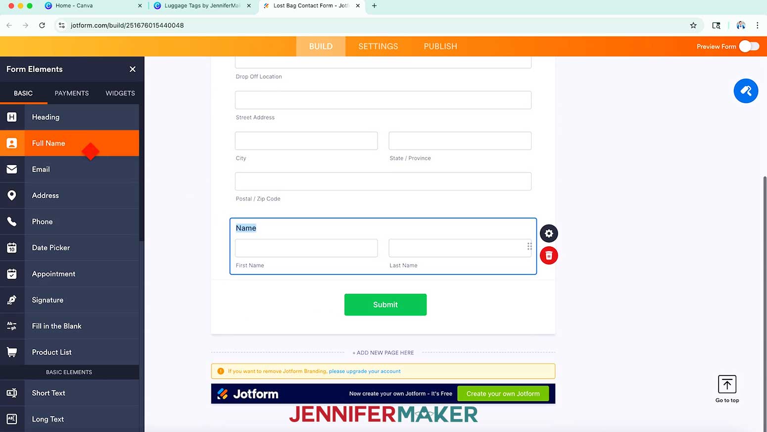 In the form elements menu, the basic tab is highlighted and the cursor hovers over the full name element.