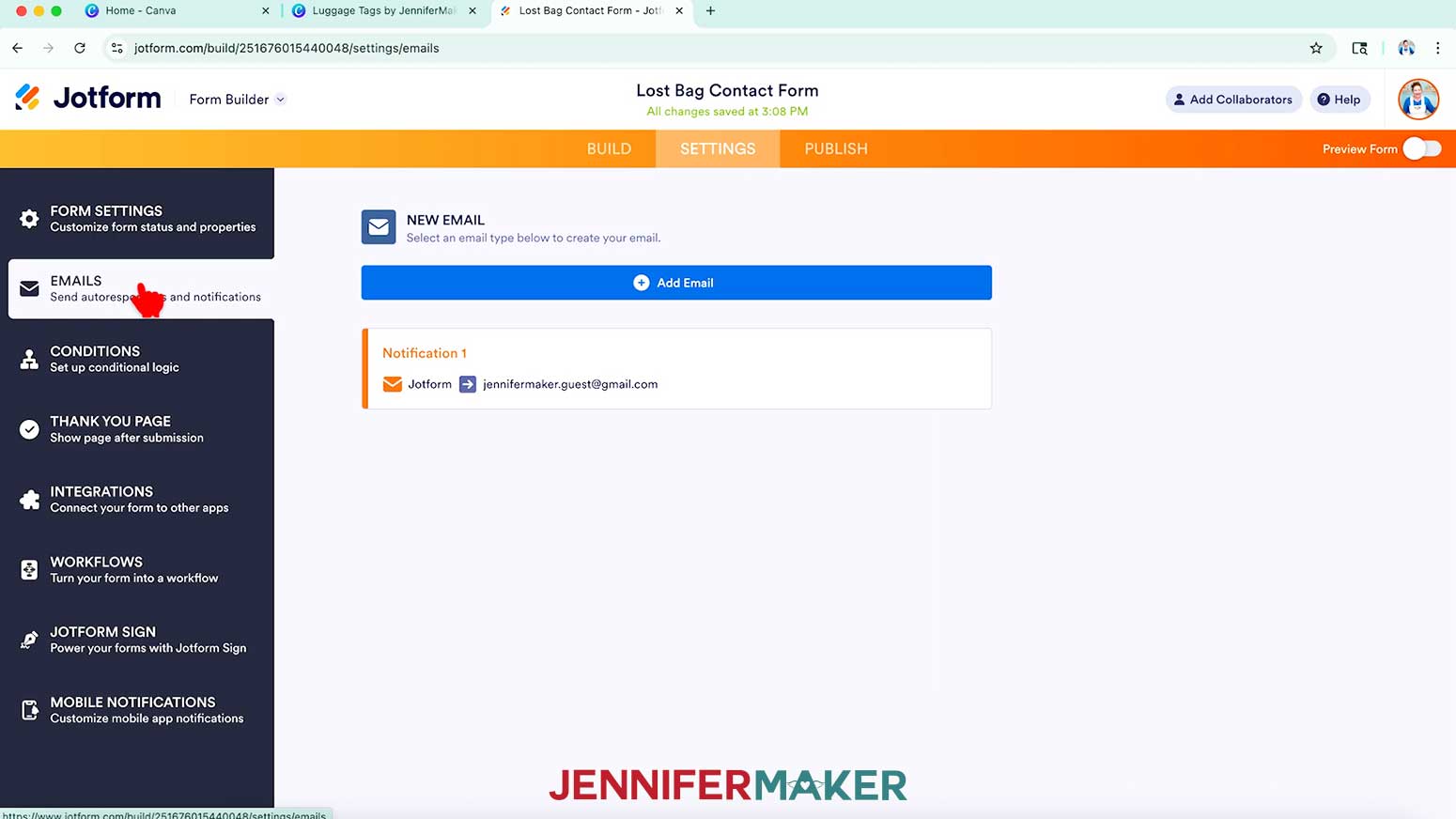 The hand cursor hovers over the emails button in the form settings side menu.