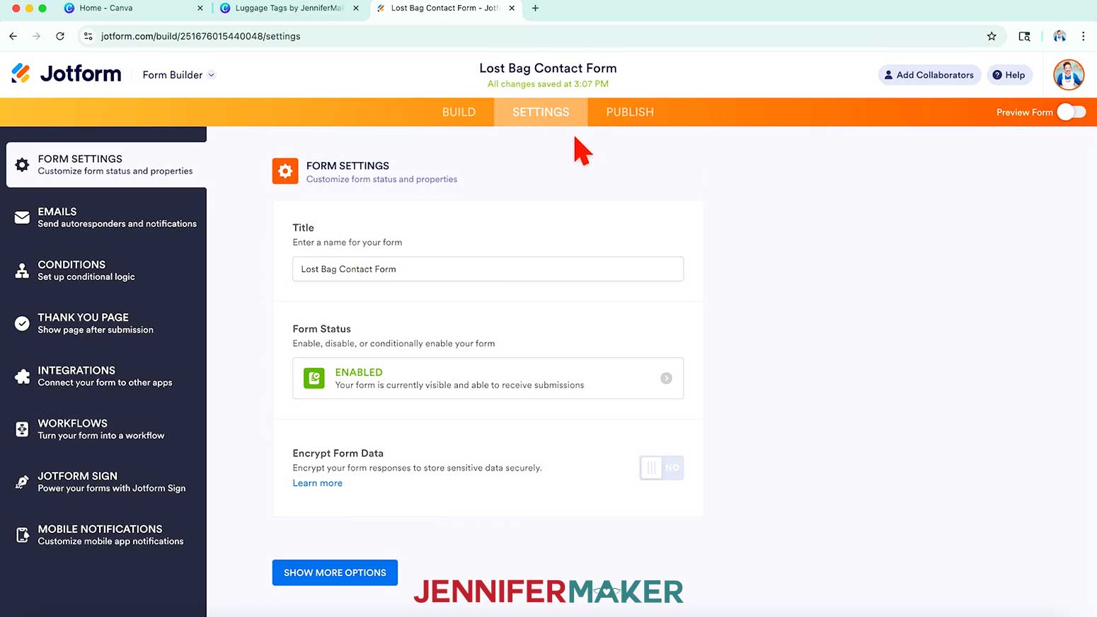 The Jotform Settings menu is highlighted.