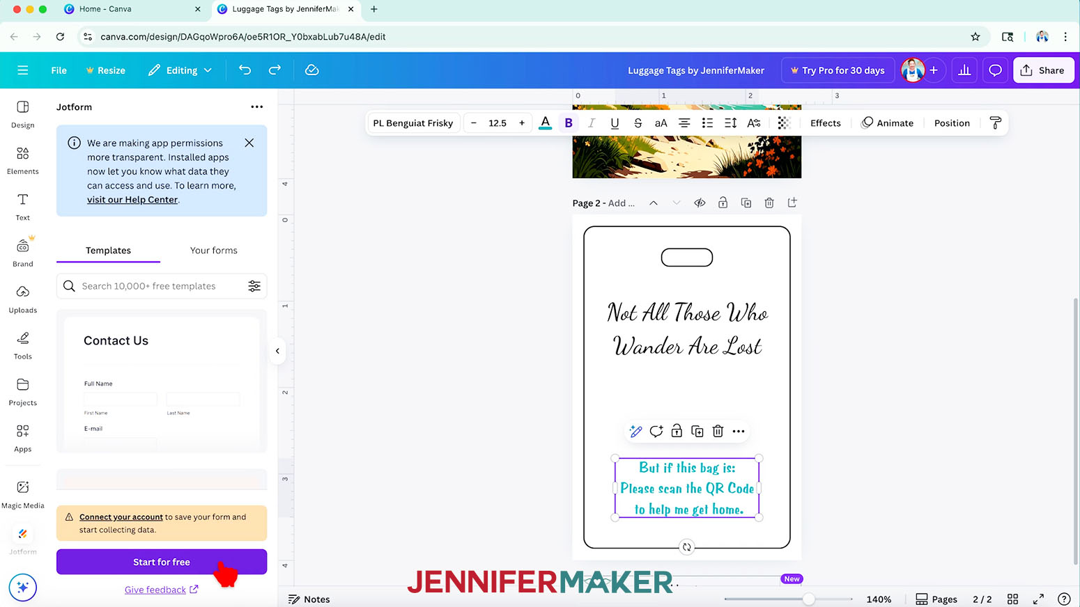 The Jotform drop down menu is open and the hand cursor hovers over the purple Start for free button.