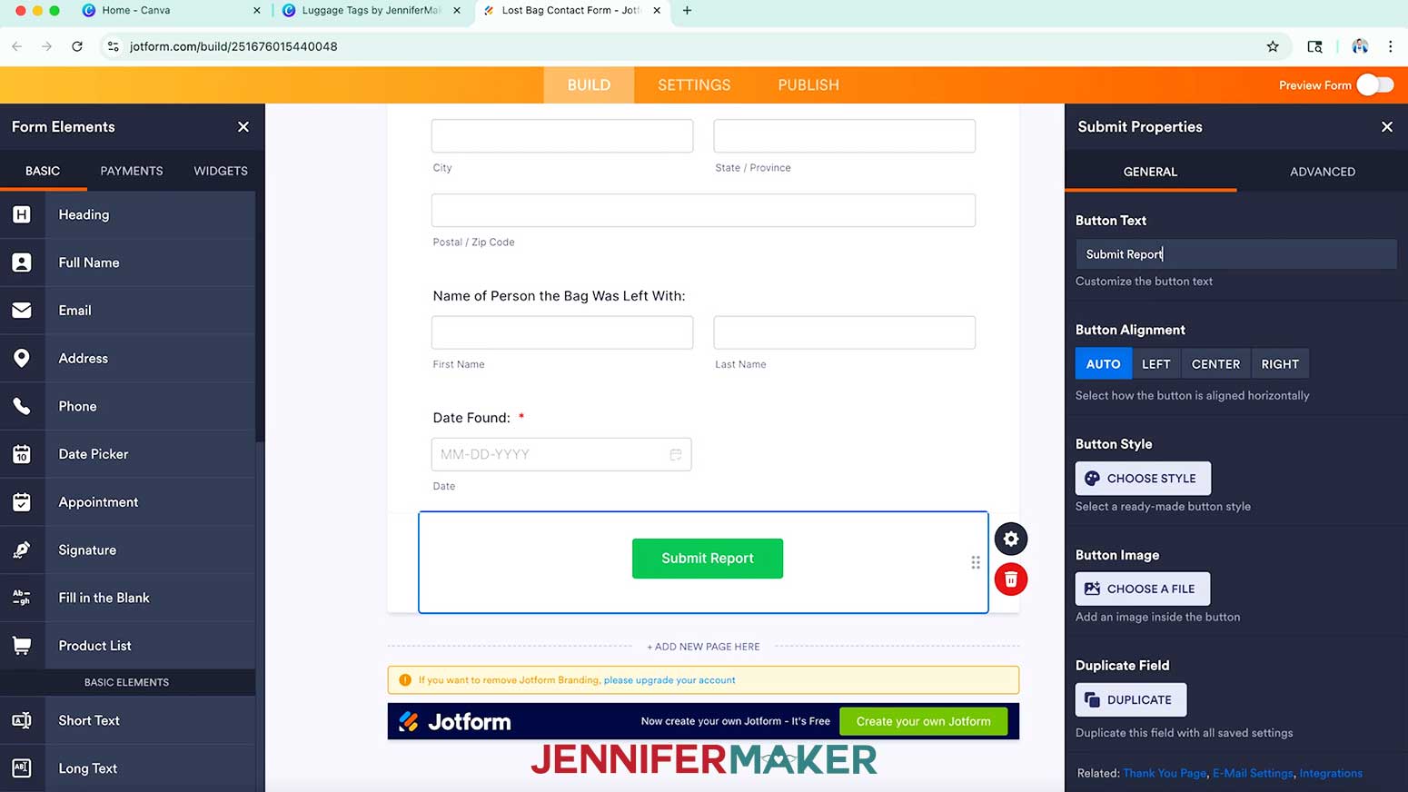 The Submit element is selected and the cursor is changing the name to Submit Report.