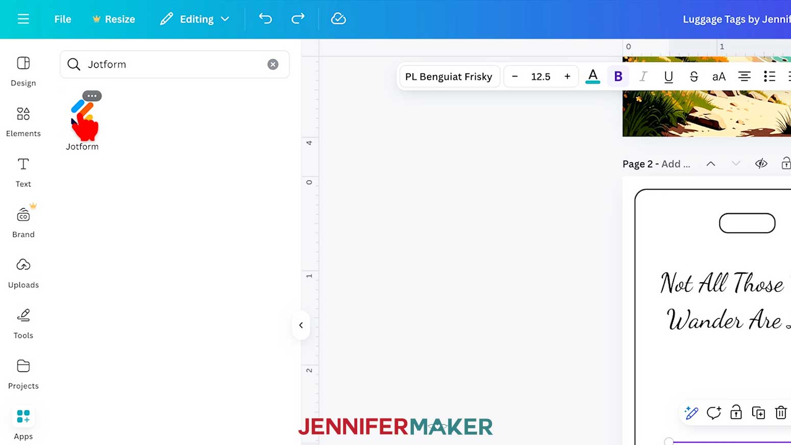 Jotform has been entered into the search bar and the hand cursor hovers over the Jotform App.