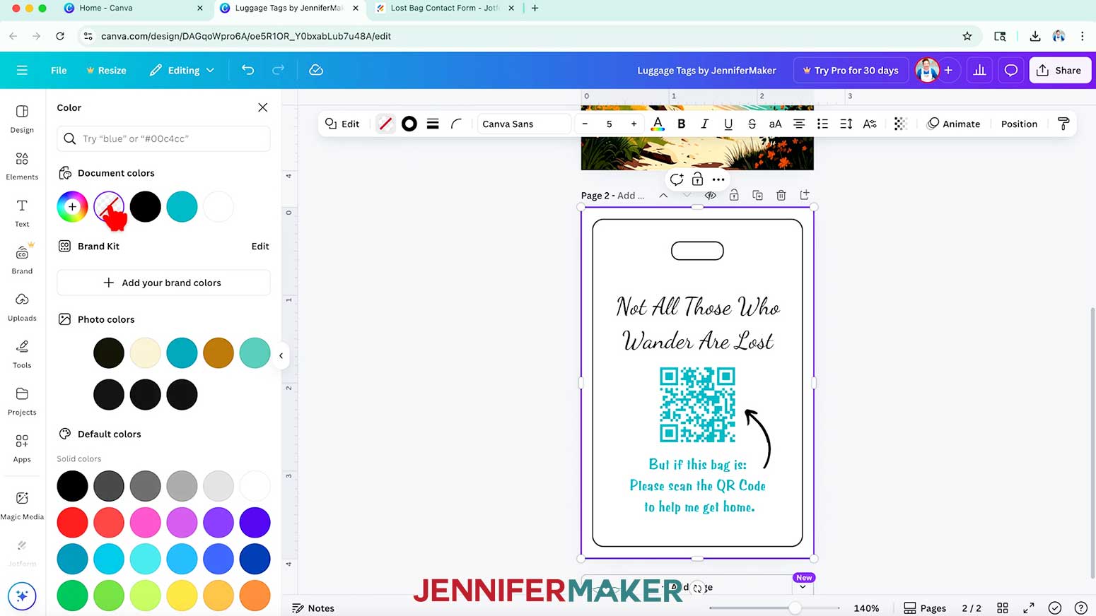 The background is selected and the hand cursor hovers over the transparent button in the document colors menu.