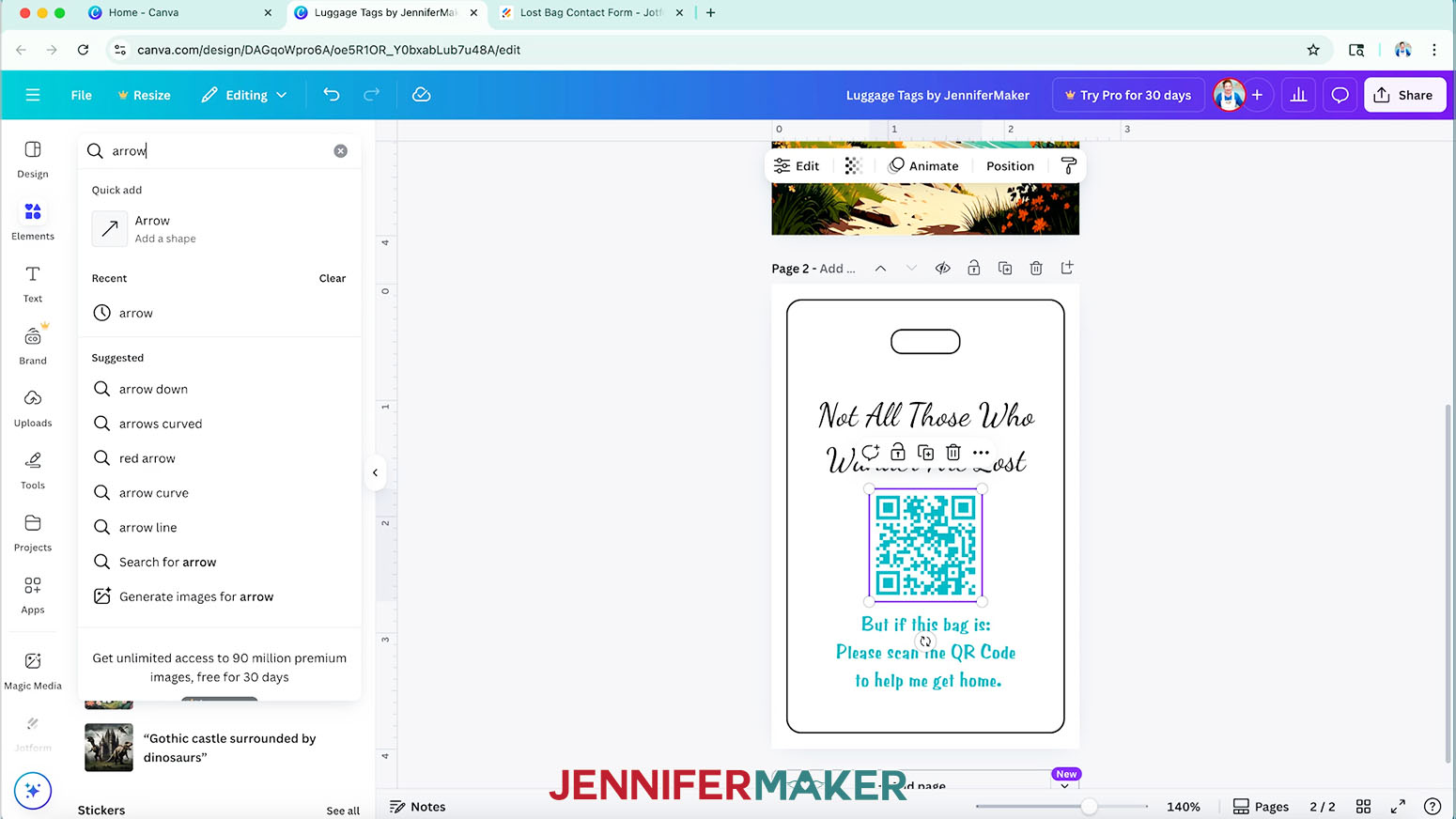 The Elements fly out menu is open and arrow is typed into the search bar.