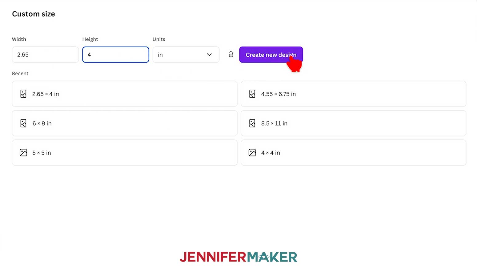 The custom size menu in Canva is open and the screen shows a width of 2.65" and height of 4" with the hard cursor hovering over the create design button.