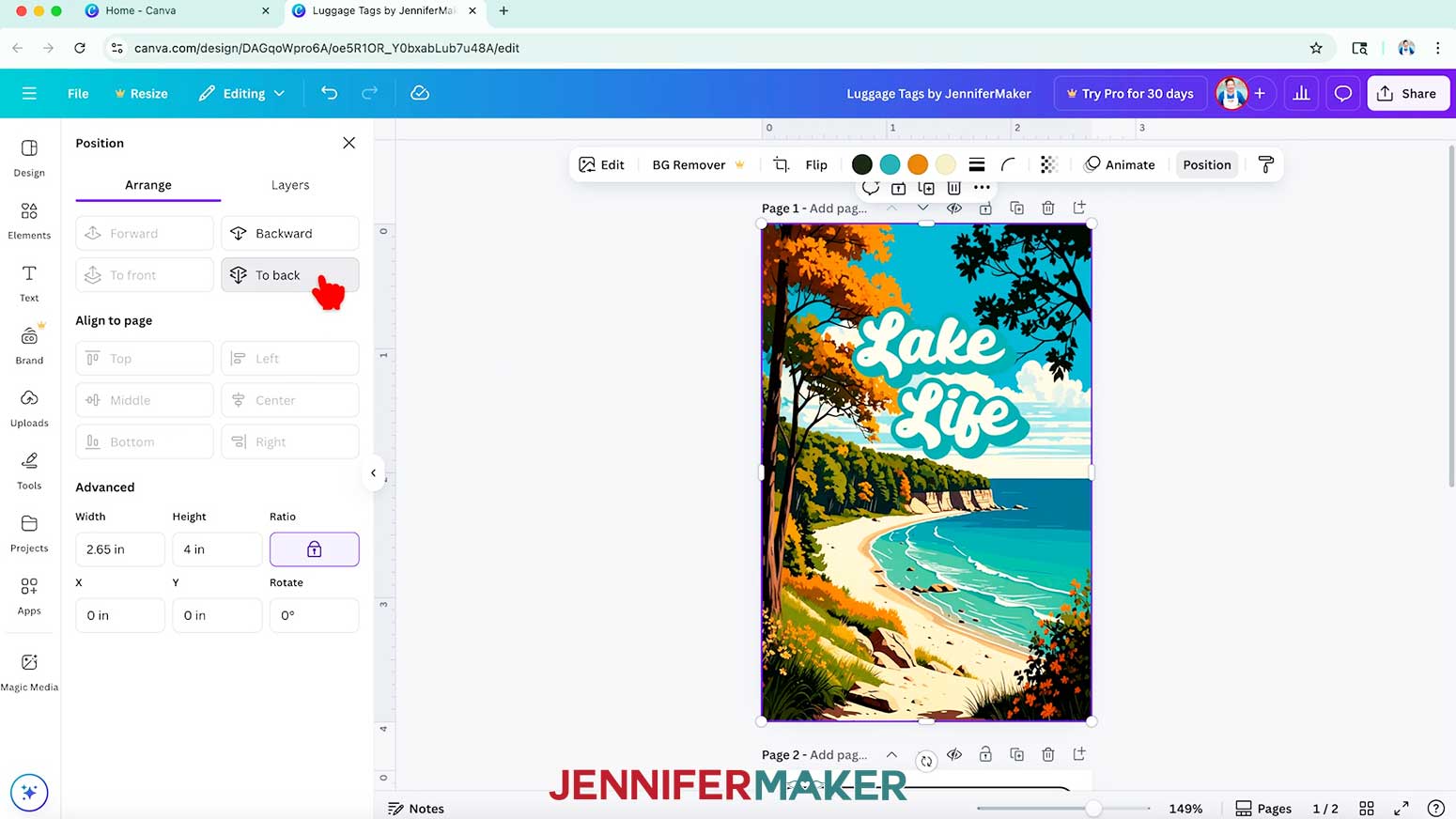 The position menu in Canva is open and the arrange tab is showing, the cursor points the To back button.