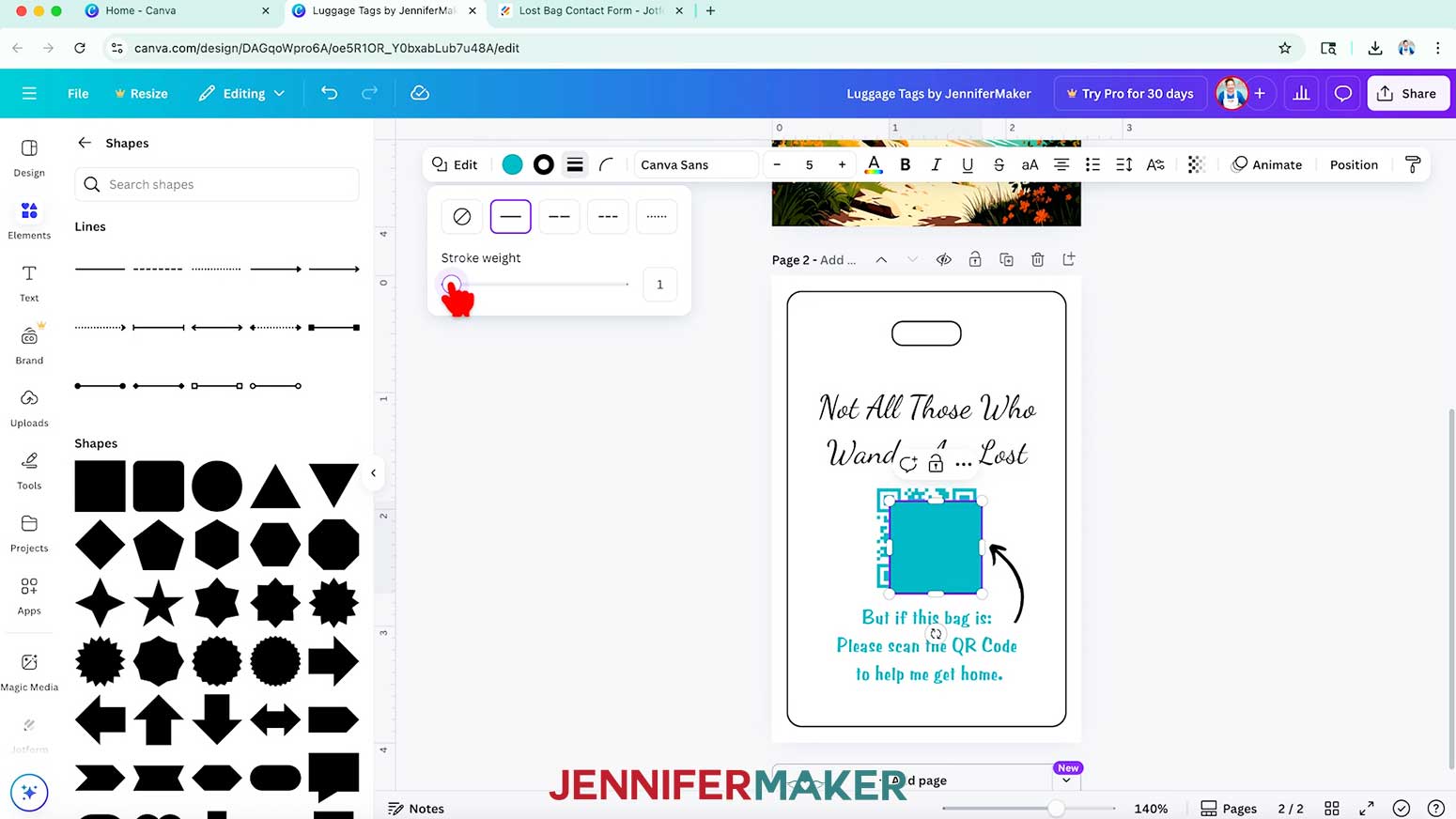 There is a square selected on the page in Canva and the hand hovers over the Stroke weight slider in the stroke menu.