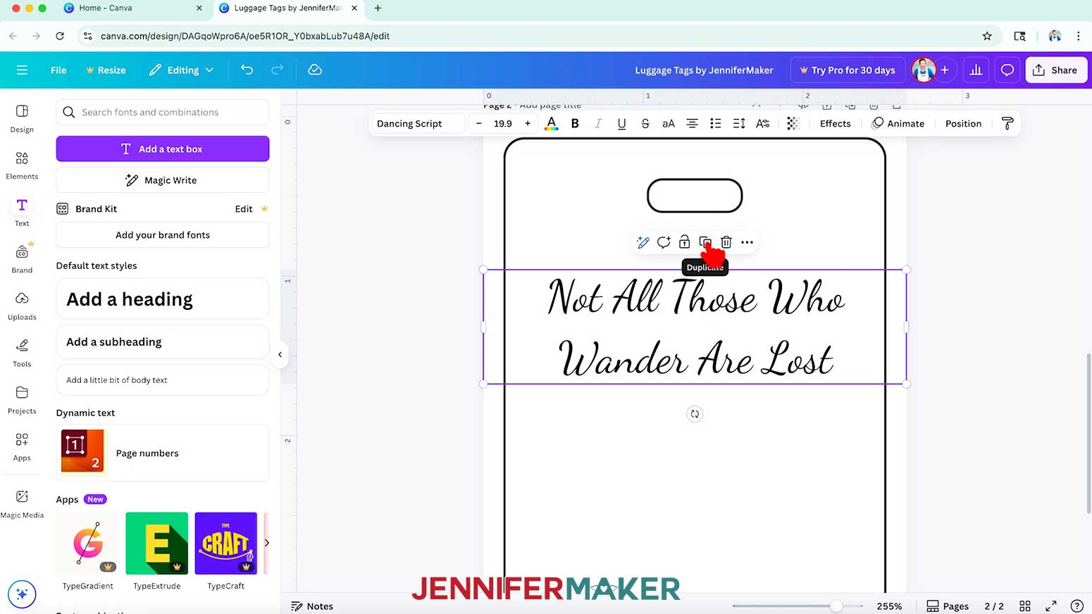 The text box is selected and the hand cursor hovers over the duplicate option in the menu above it.