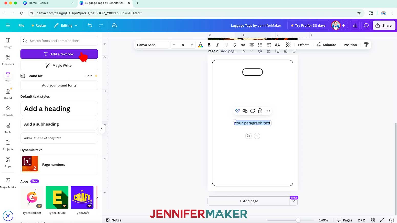 The text flyout menu is open and the hand cursor hovers over the purple Add a text box button.
