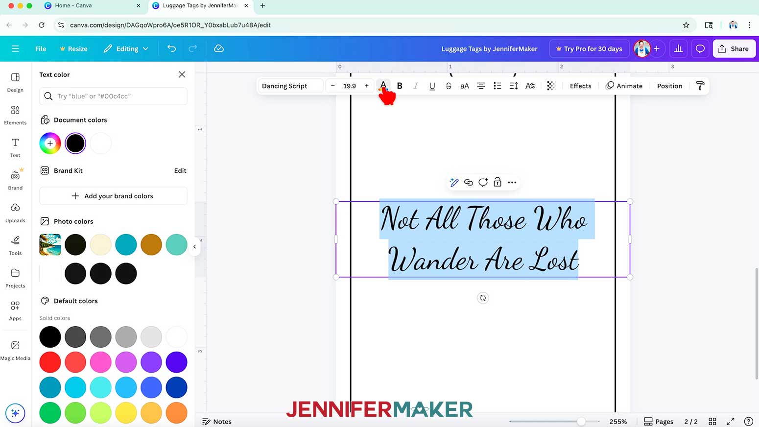 The text menu is open and the hand cursor hovers over the A or font color selection.