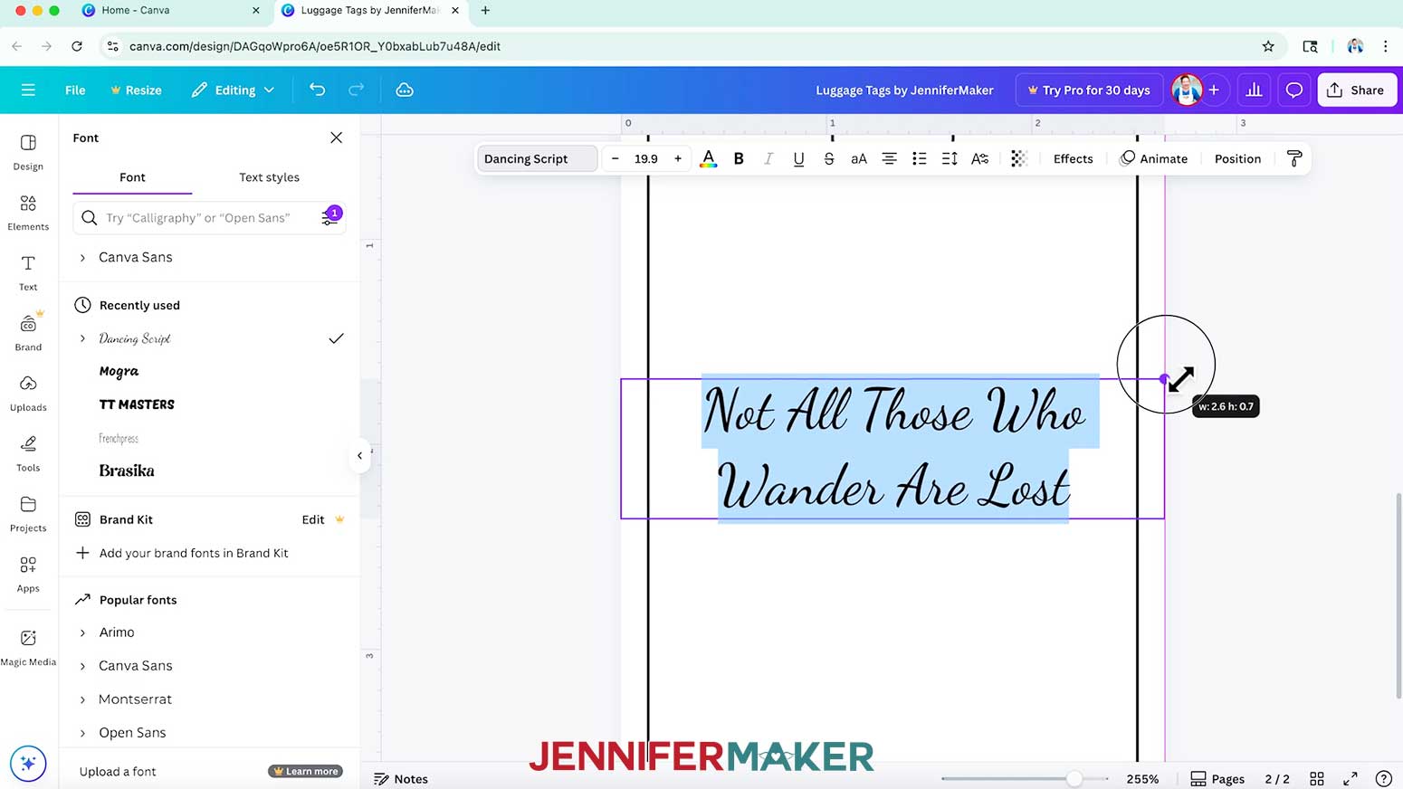 The text box is selected and the cursor shows as a double sided arrow for resizing.