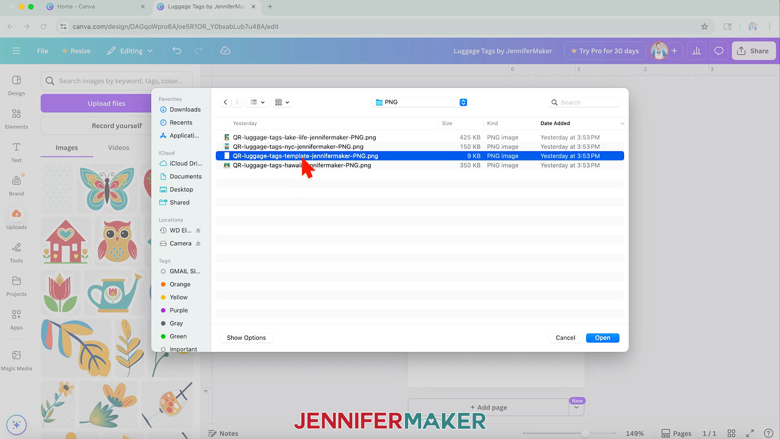 Canva uploads menu is open and the cursor is highlighting the QR luggage tags template file in the PNG folder.