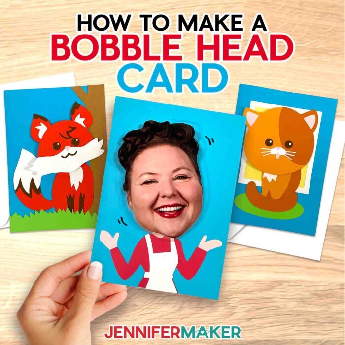 A set of three bobblehead cards featuring a fox, a cat, and a custom one of Jennifer! Make a bobble head card with JenniferMaker's tutorial!