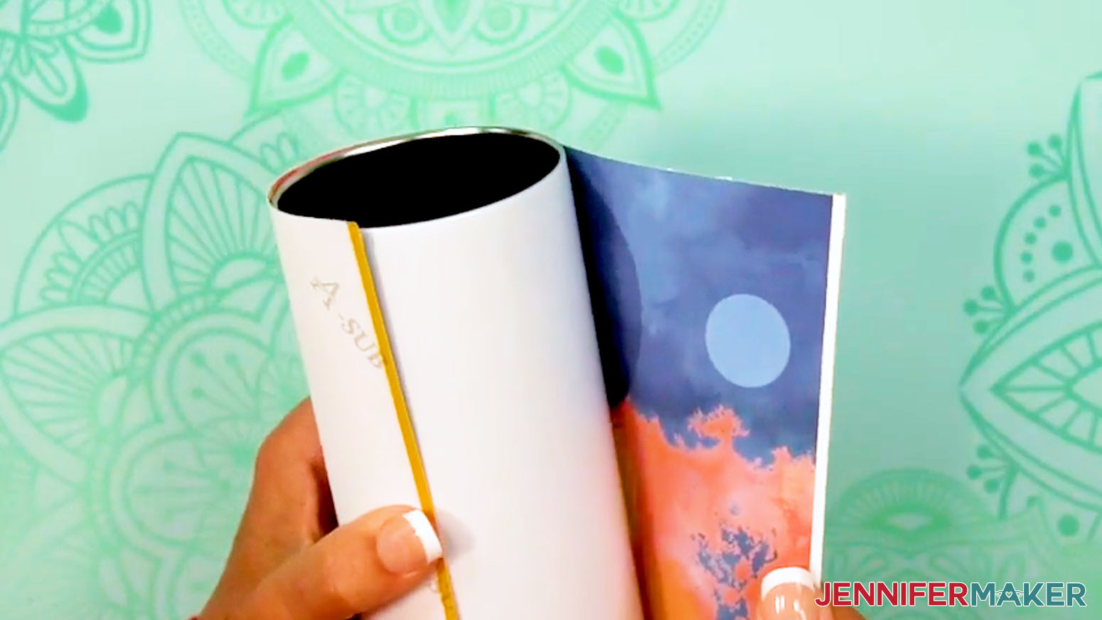 Wrap the sublimation tumbler with the design making sure the edges are aligned and the ink is against the surface of the tumbler.