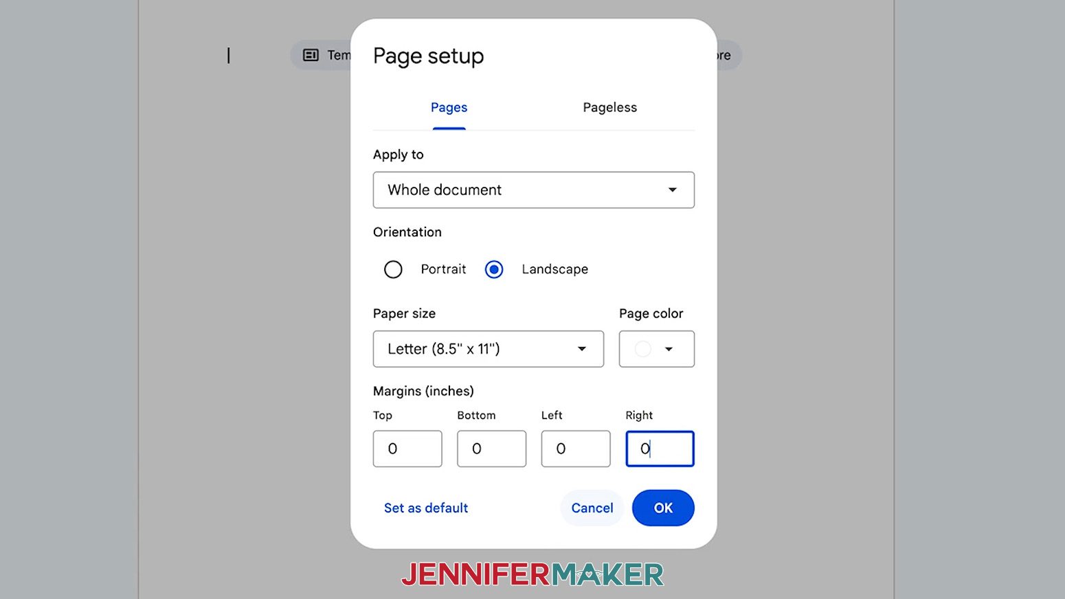 Set the margins of the sublimation tumbler design Google Docs page to zero.