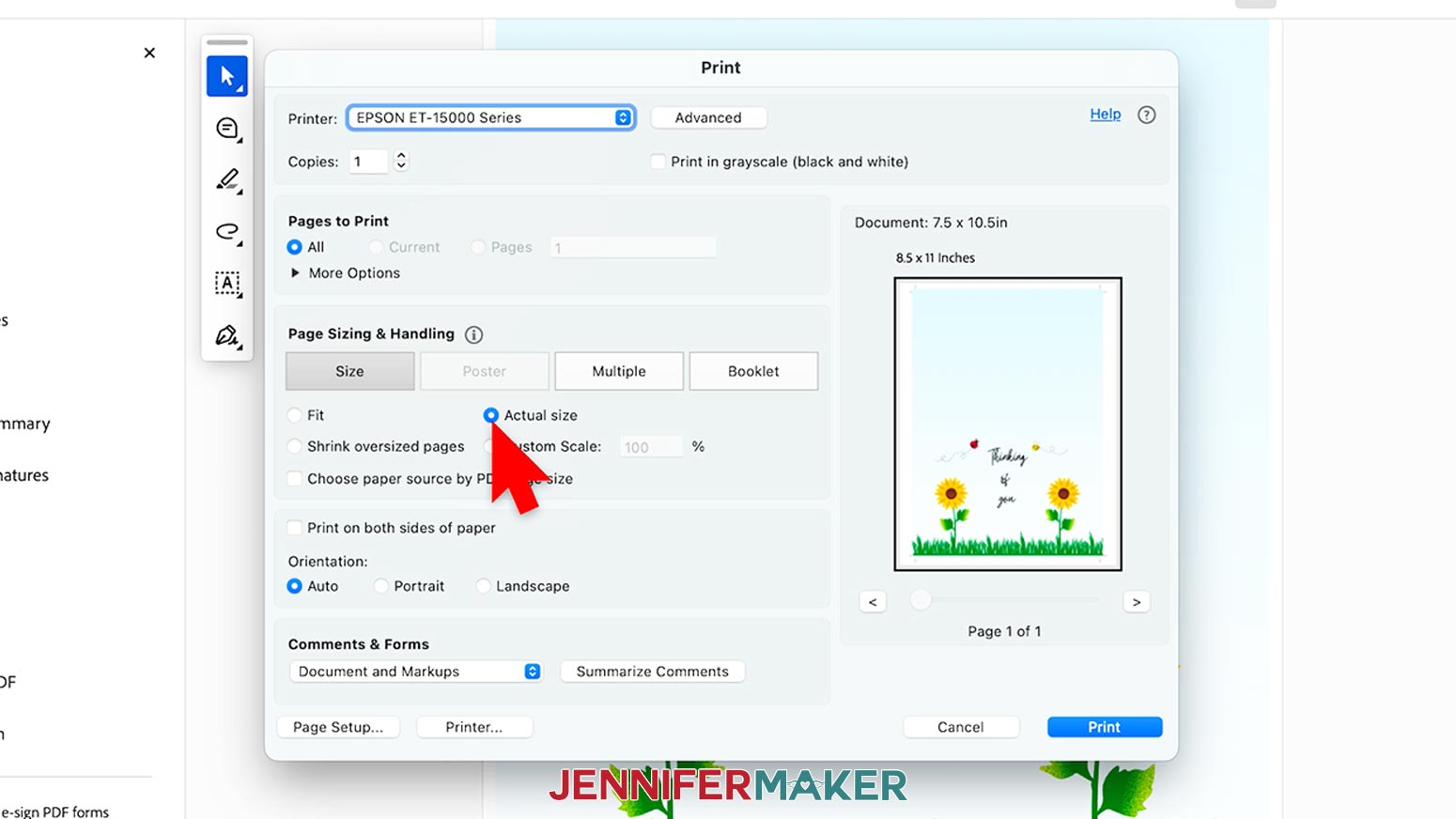 Select "Actual Size" in the Page Sizing and Handling section.