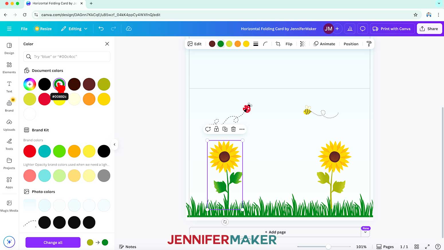 Change the flower stem to match the green of the grass which is found in document colors.
