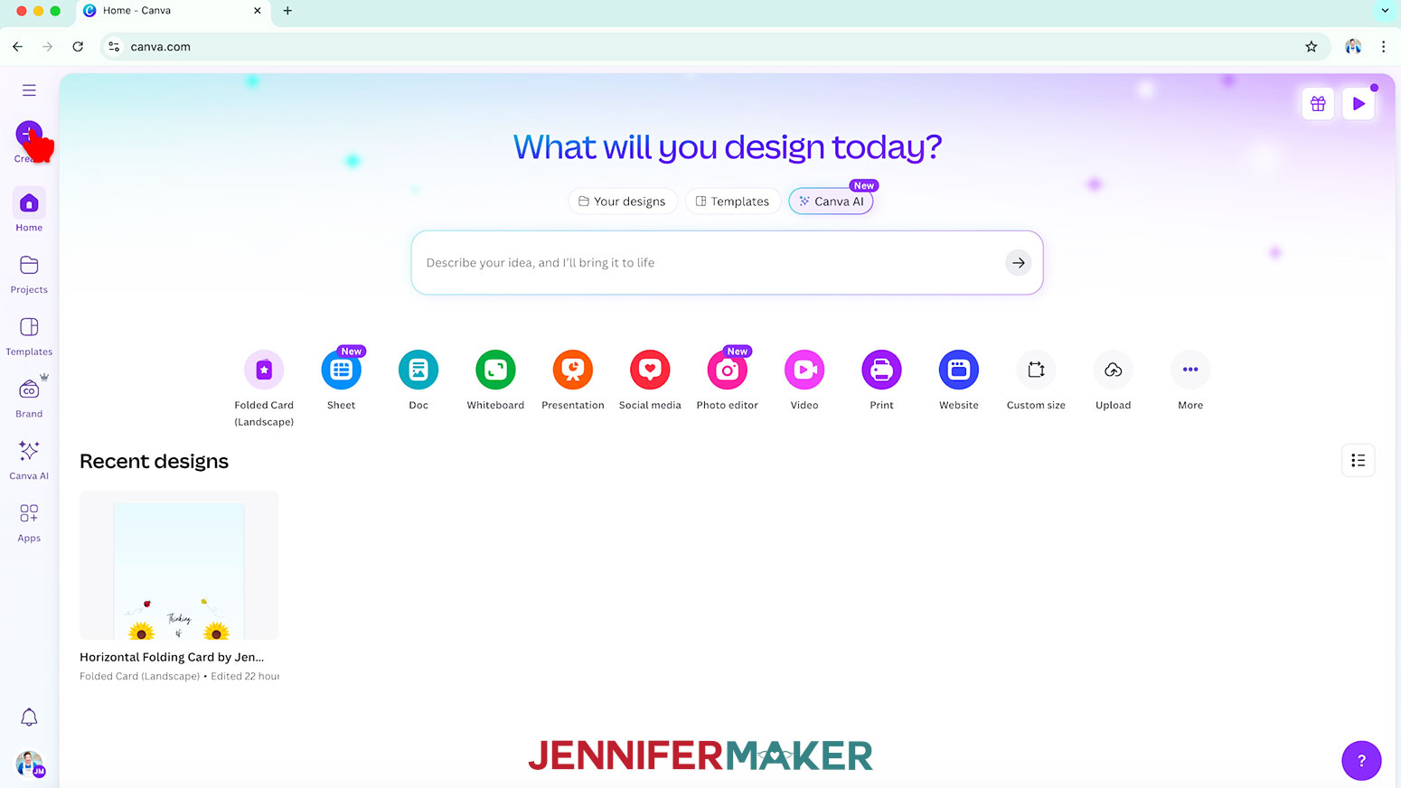 With Canva open in a web browser, click on the Create icon to begin a new project.