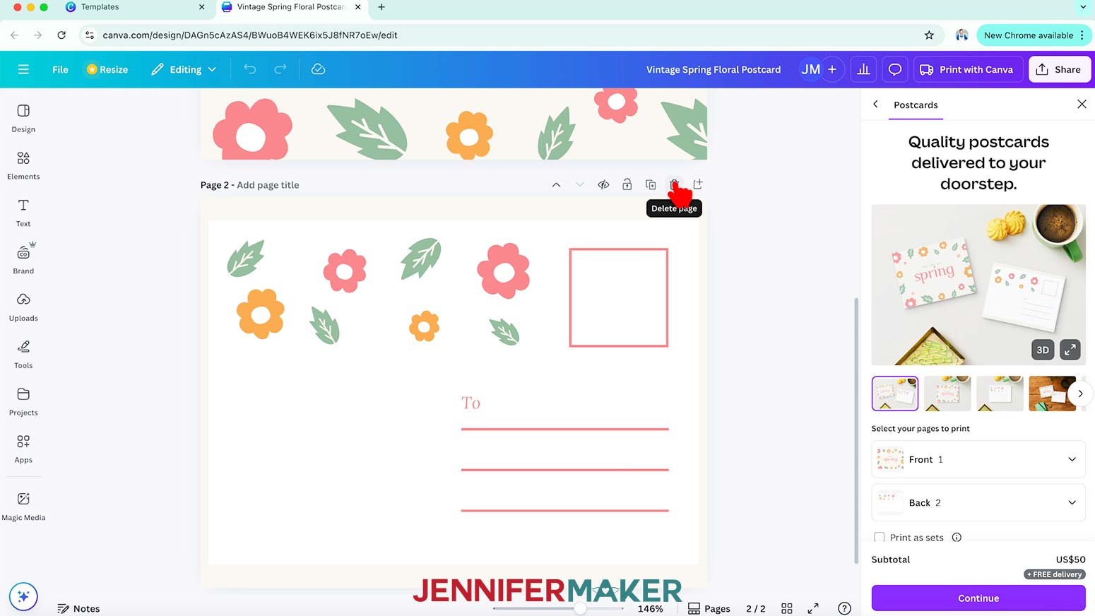 Scroll down and use the trash can icon to delete page 2 of the template.