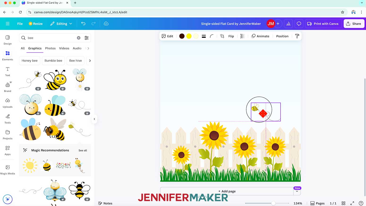 Add elements to the front of the card like grass, sunflowers, a picket fence, and a flying bee.