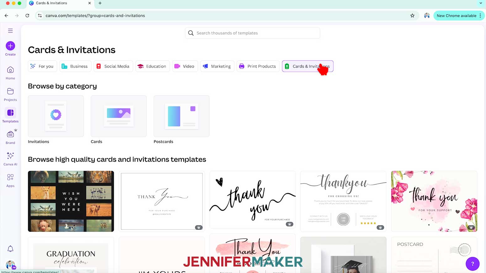 Select the "Cards and Invitations" option to filter the results.
