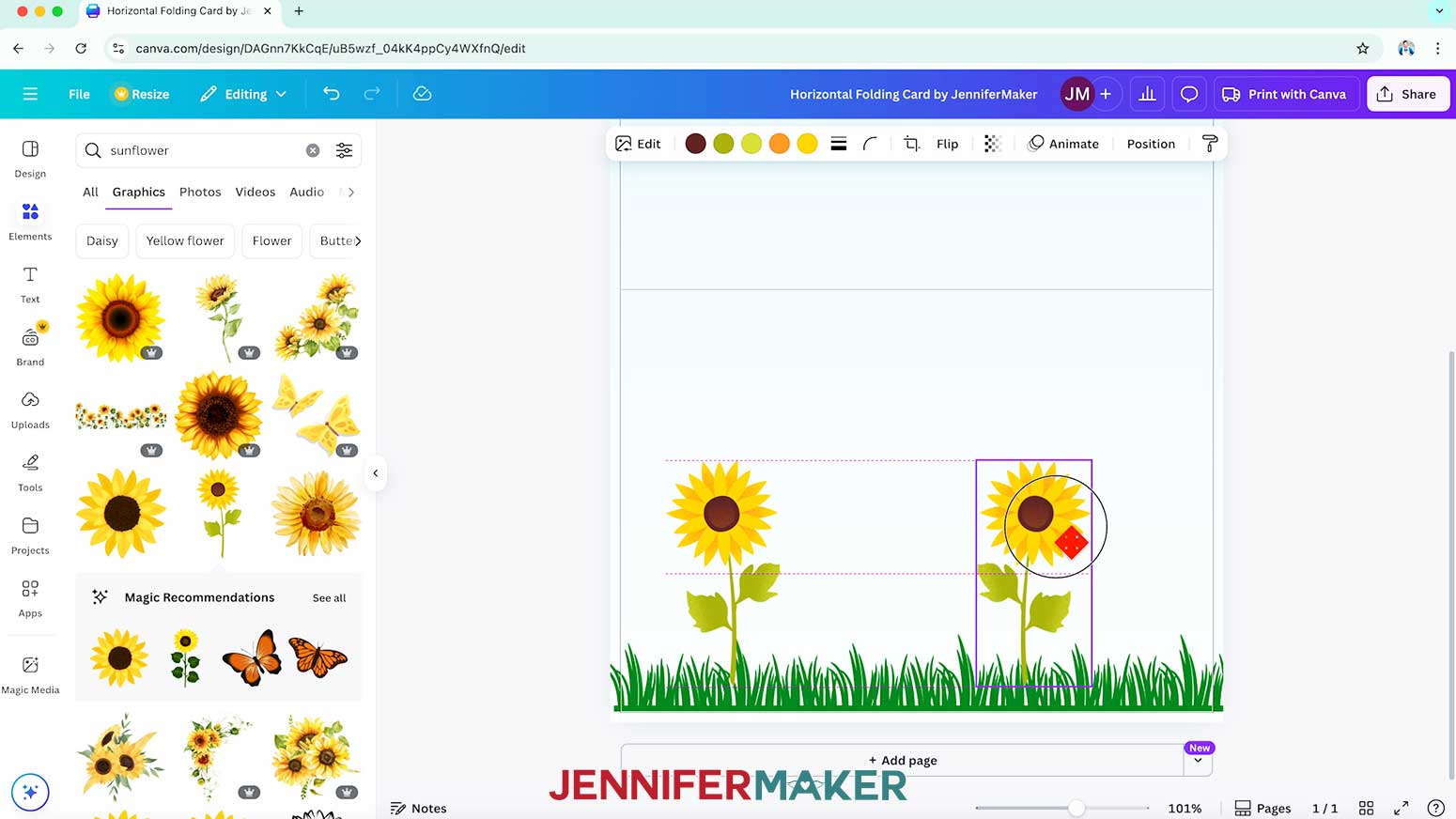 Duplicate and flip the sunflower to make a mirror image and place it on the right side of the card.
